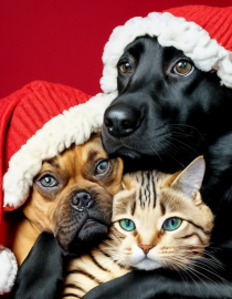 Dogs and cat in Christmas spirit 