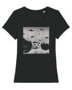 Alien UFO Funny Cat Tricou mânecă scurtă guler larg fitted Damă Expresser