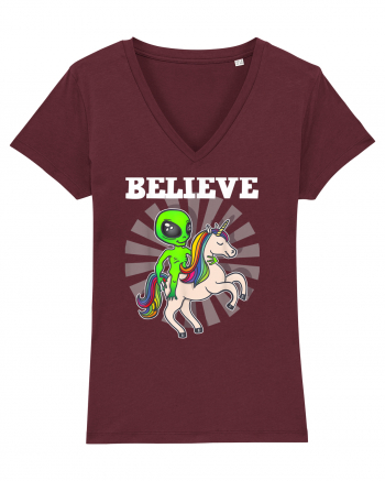 Believe Space Alien Riding Unicorn Funny Burgundy