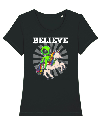 Believe Space Alien Riding Unicorn Funny Black