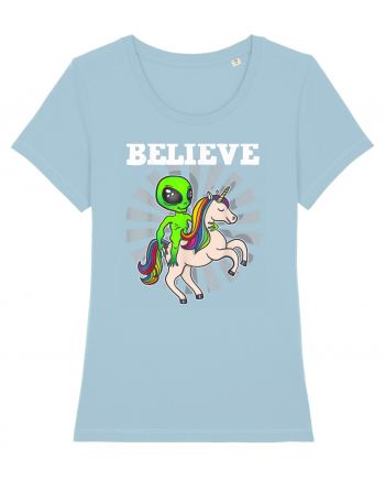 Believe Space Alien Riding Unicorn Funny Sky Blue