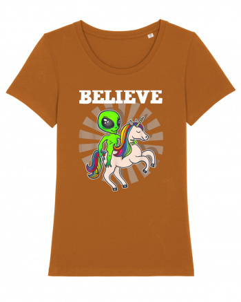 Believe Space Alien Riding Unicorn Funny Roasted Orange