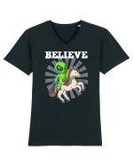Believe Space Alien Riding Unicorn Funny Tricou mânecă scurtă guler V Bărbat Presenter