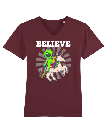 Believe Space Alien Riding Unicorn Funny Burgundy