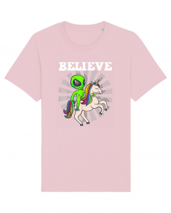 Believe Space Alien Riding Unicorn Funny Cotton Pink