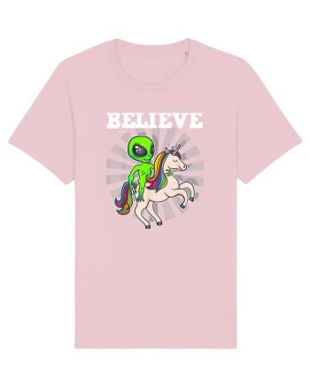 Believe Space Alien Riding Unicorn Funny Cotton Pink