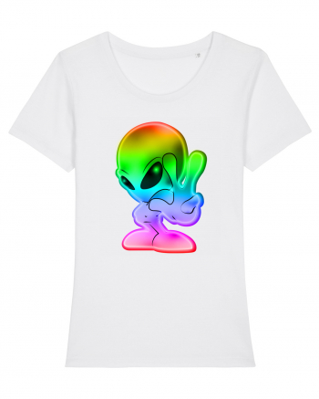 Colourful Alien Peace Sign UFO Alien White