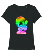 Colourful Alien Peace Sign UFO Alien Tricou mânecă scurtă guler larg fitted Damă Expresser