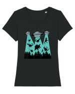 Dinosaur Alien Abduction Tricou mânecă scurtă guler larg fitted Damă Expresser
