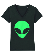 Green Alien Head 90s Style Tricou mânecă scurtă guler V Damă Evoker