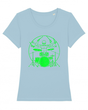 Green UFO Alien Drummer Sky Blue