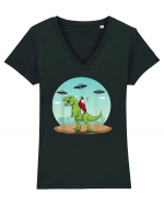 Jesus Riding A Dinosaur Funny UFO Tricou mânecă scurtă guler V Damă Evoker