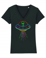 Space Alien UFO Neon Lights Rave Tricou mânecă scurtă guler V Damă Evoker