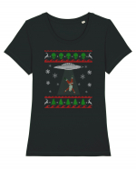 Mos Craciun Alien Ugly Christmas Sweater Tricou mânecă scurtă guler larg fitted Damă Expresser