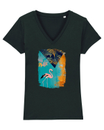 Atmosferă Tropicală cu Flamingo roz Tricou mânecă scurtă guler V Damă Evoker