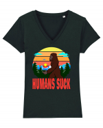 Humans Suck Retro Bigfoot Tricou mânecă scurtă guler V Damă Evoker