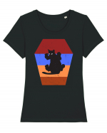 Retro Vintage Cat With 3D  Block Tricou mânecă scurtă guler larg fitted Damă Expresser