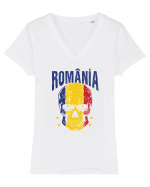 Romania Craniu Tricolor Tricou mânecă scurtă guler V Damă Evoker