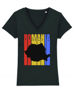 Romania tricolor in stil retro Tricou mânecă scurtă guler V Damă Evoker