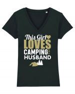 Camping with Husband Tricou mânecă scurtă guler V Damă Evoker