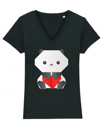 Cute Origami Baby Panda Hugging A Heart Tricou mânecă scurtă guler V Damă Evoker