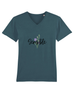 Sensible floare albastră Tricou mânecă scurtă guler V Bărbat Presenter