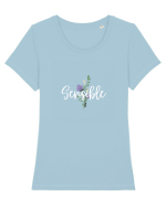 Sensible floare albastră Tricou mânecă scurtă guler larg fitted Damă Expresser