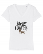 Merry Christmas (Ren timid) negru Tricou mânecă scurtă guler V Damă Evoker