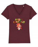 Merry Christmas (cățelus festiv)  Tricou mânecă scurtă guler V Damă Evoker