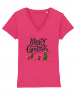 Merry Christmas (scenă de Crăciun) negru Tricou mânecă scurtă guler V Damă Evoker