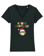 Merry Christmas bufniță Tricou mânecă scurtă guler V Damă Evoker