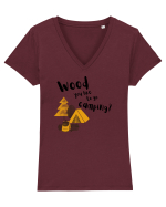 Wood you like to go camping? (negru)  Tricou mânecă scurtă guler V Damă Evoker
