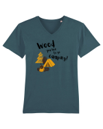 Wood you like to go camping? (negru)  Tricou mânecă scurtă guler V Bărbat Presenter