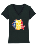 Romania Tricolor Identitate Tricou mânecă scurtă guler V Damă Evoker