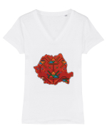 Romania Tricolor Motive Nationale Traditionale Tricou mânecă scurtă guler V Damă Evoker