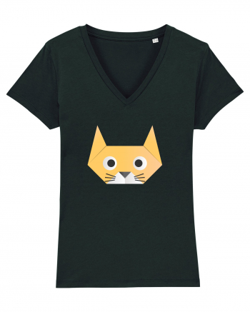 Funny  Cat Face - Origami Style Tricou mânecă scurtă guler V Damă Evoker