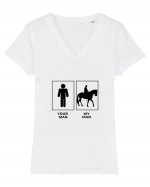 Man Horse Riding Design Tricou mânecă scurtă guler V Damă Evoker