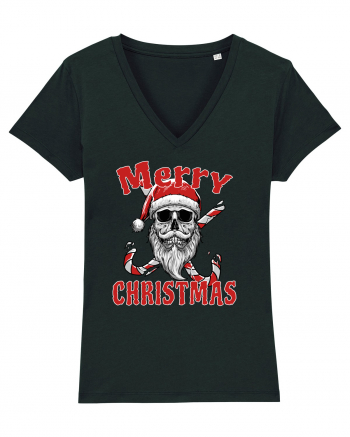 Merry Christmas Bearded Santa Skull Black