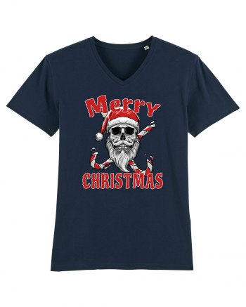 Merry Christmas Bearded Santa Skull French Navy