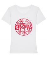 Merry Christmas Red Embroidery Tricou mânecă scurtă guler larg fitted Damă Expresser