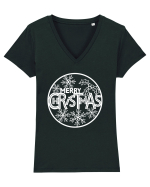 Merry Christmas White Embroidery Tricou mânecă scurtă guler V Damă Evoker