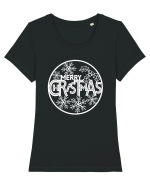 Merry Christmas White Embroidery Tricou mânecă scurtă guler larg fitted Damă Expresser