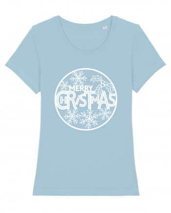 Merry Christmas White Embroidery Sky Blue