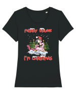 Merry Drunk I'm Christmas Pink Flamingo Tricou mânecă scurtă guler larg fitted Damă Expresser