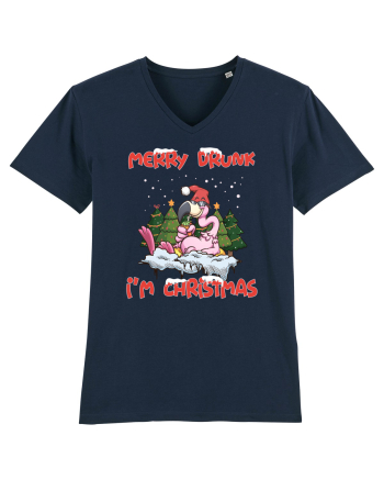 Merry Drunk I'm Christmas Pink Flamingo French Navy