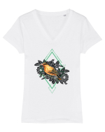 Pasare Portocaliu Floral Tricou mânecă scurtă guler V Damă Evoker