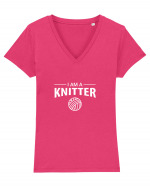I am a Knitter (alb) Tricou mânecă scurtă guler V Damă Evoker