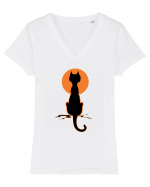 Halloween Moon Cat Tricou mânecă scurtă guler V Damă Evoker