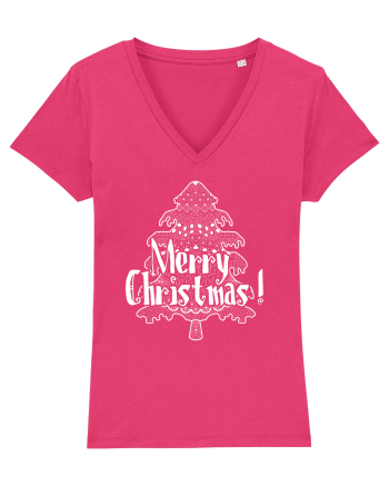 Merry Christmas Tree White Embroidery Raspberry