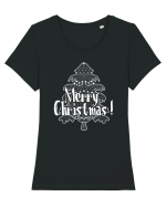 Merry Christmas Tree White Embroidery Tricou mânecă scurtă guler larg fitted Damă Expresser